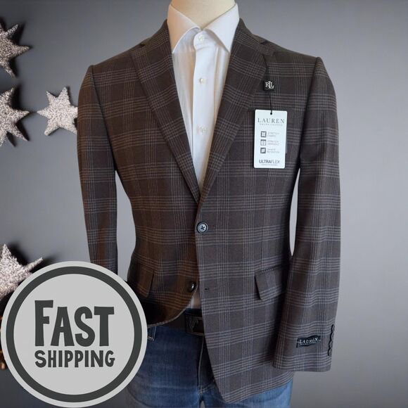$295 RALPH LAUREN Mens Blazer Sport Coat Two Button Jacket 38R Strech Brown Suit - Picture 1 of 13